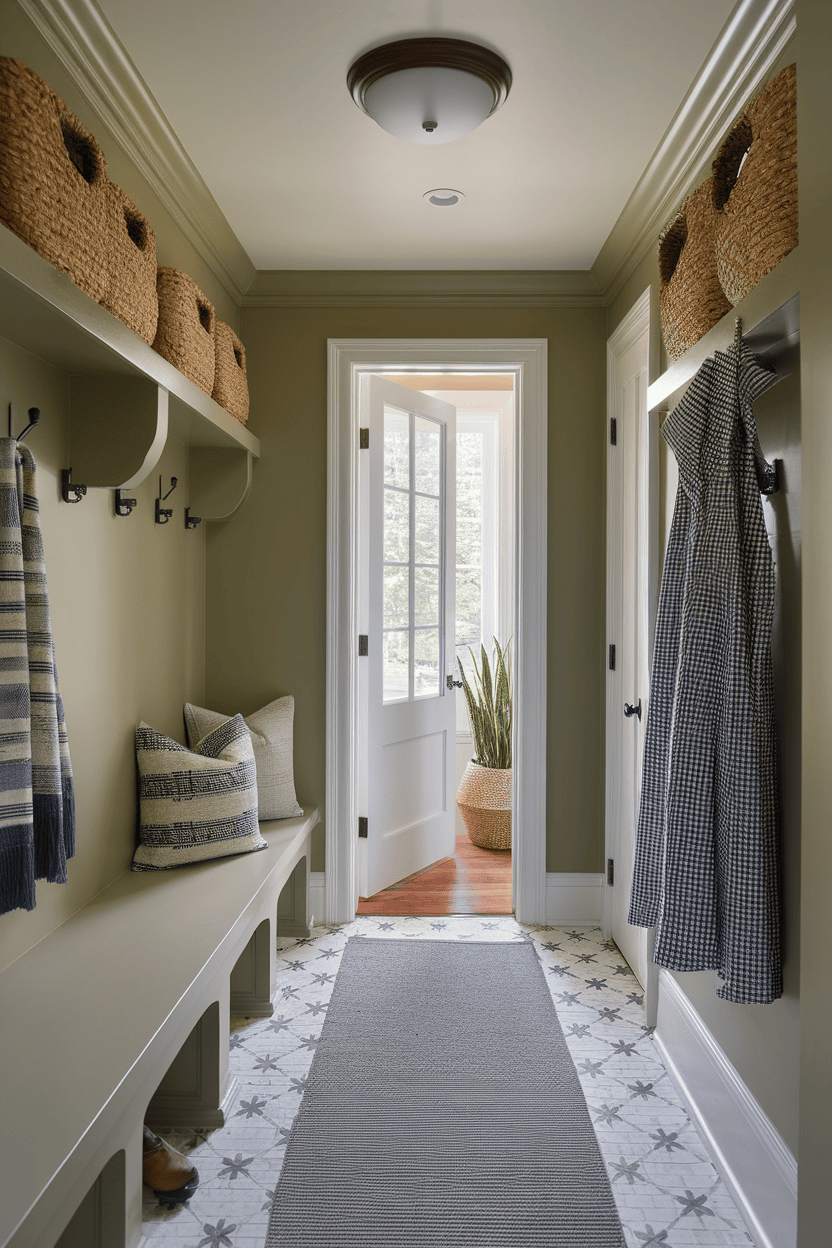 A narrow mud room with a bench, pillow, pillows, and a door that leads outside.