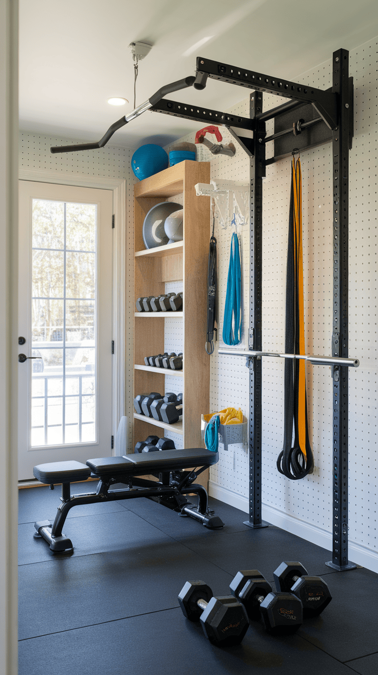 A compact fitness studio setup in a small mud room with weights and training equipment.