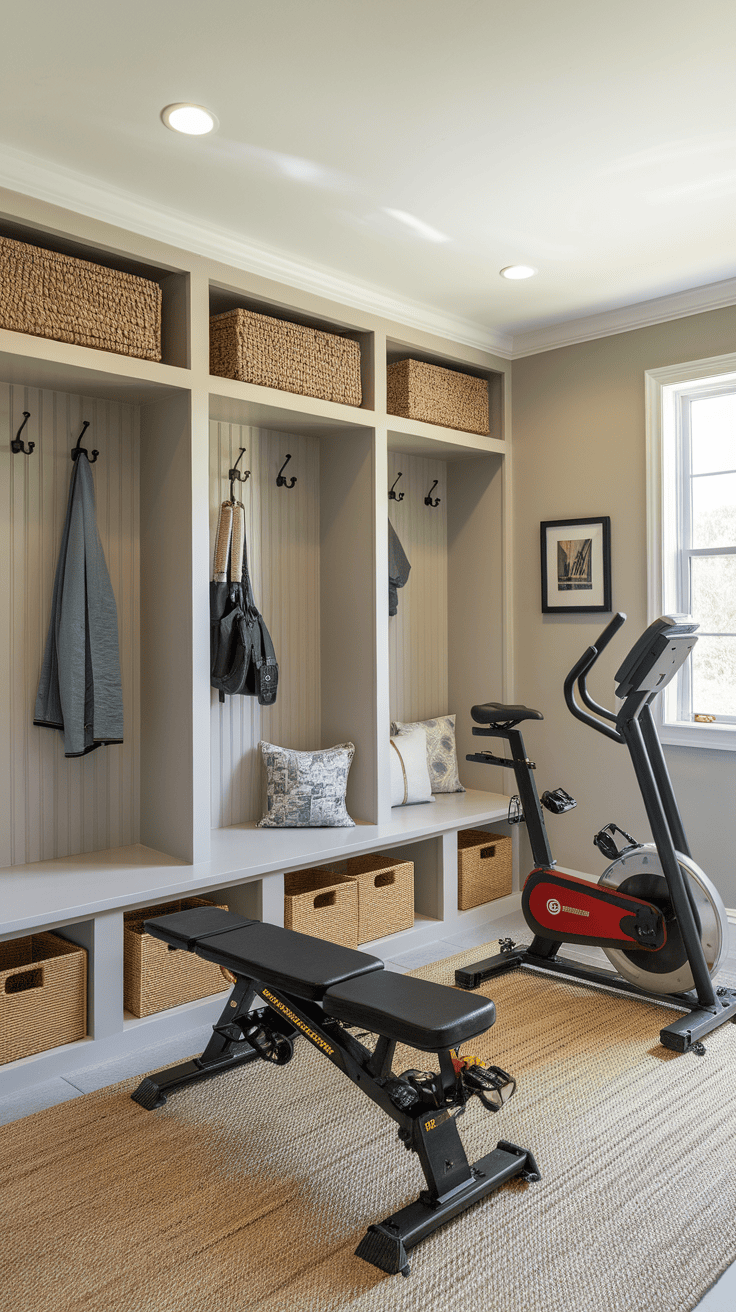 A modern mutroom with stock baskets, hooks and fitness equipment.