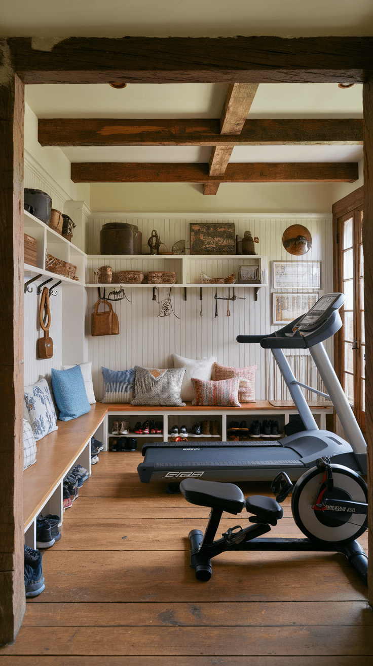 A cozy mudroom fitness studio with wooden beams, a bench with pillows and training equipment.