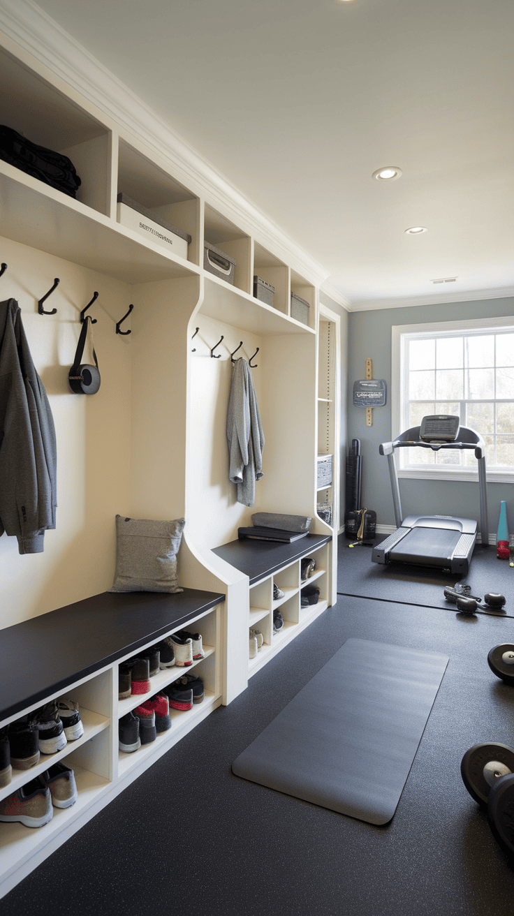 A functional combination of mudroom fitness studio with storage and training equipment.