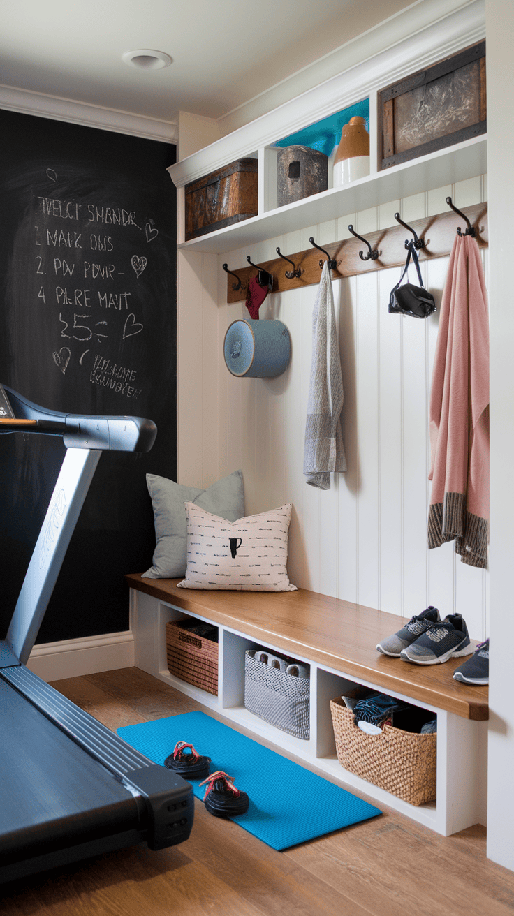 A stylish mutroom fitness room with organized storage, sporting goods and comfortable seating.