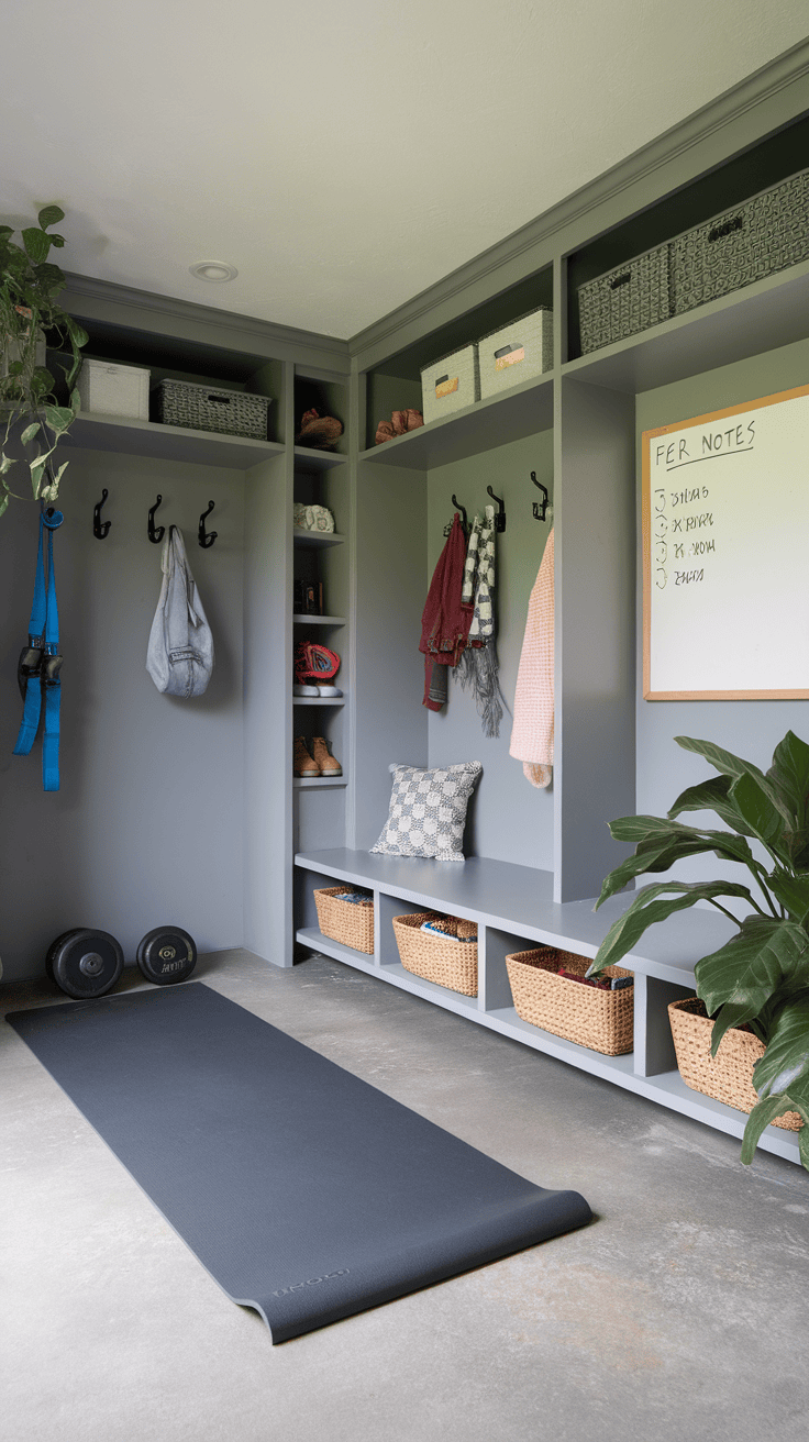 A mudroom fitness studio with a treadmill and a stationary bike with organized storage for family equipment.