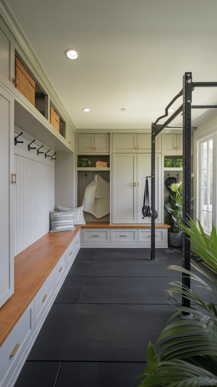 A modern mudroom fitness studio with an integrated warehouse, a bank and training equipment.