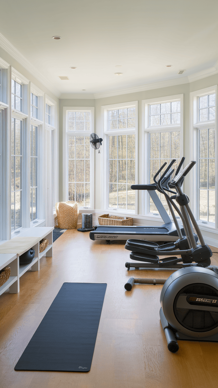 A bright fitness room with training equipment and large windows.