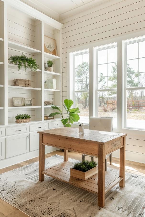 In this office, white Shiplap walls bring a light, airy feeling, supplemented by a slim wooden desk and <a href=