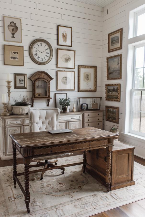 A weathered wooden desk is the focus, paired with a plush, neutral chair. 