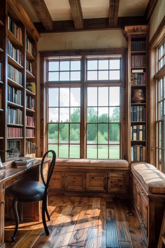 The shelves strict with books give a literary charm behind an emerging wooden desk and wrought -down chair.