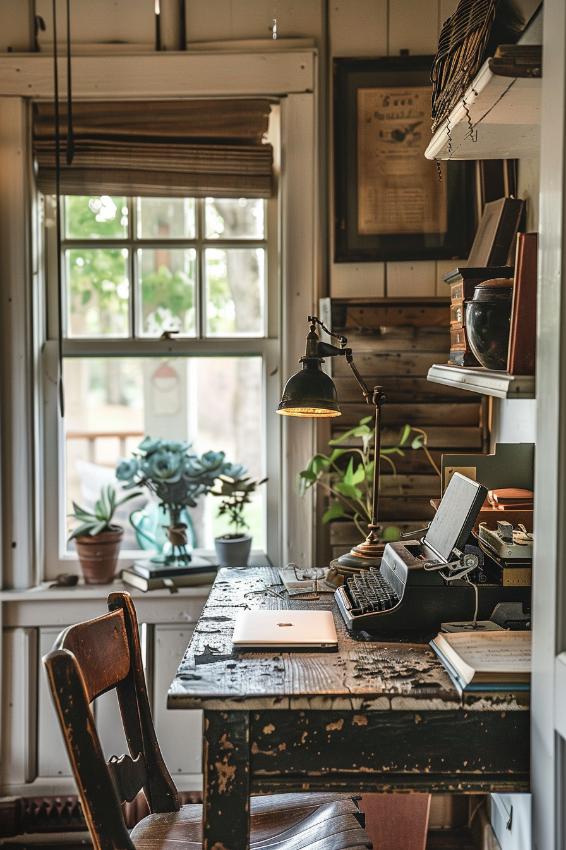 An antique desk lamp illuminates weathered surfaces and a vintage typewriter is used as a decorative element. 