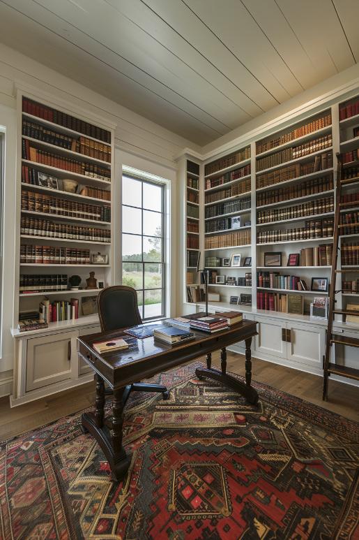 Large bookshelves climb the walls and are waiting for the reach of a library manager. 