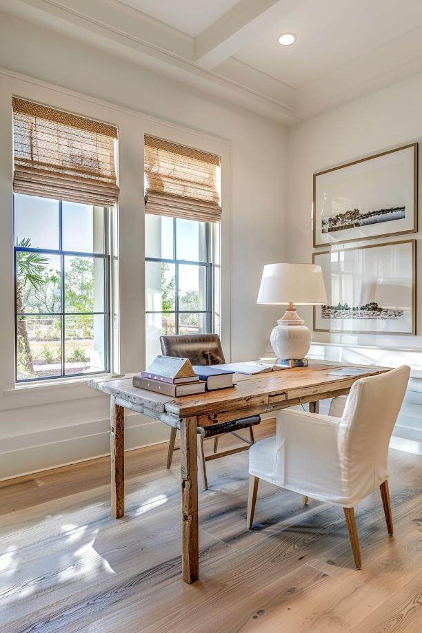 Slim lines define this modern farmhouse, which records a minimalist desk with a subtle but comfortable chair and beats the perfect balance between shape and function.