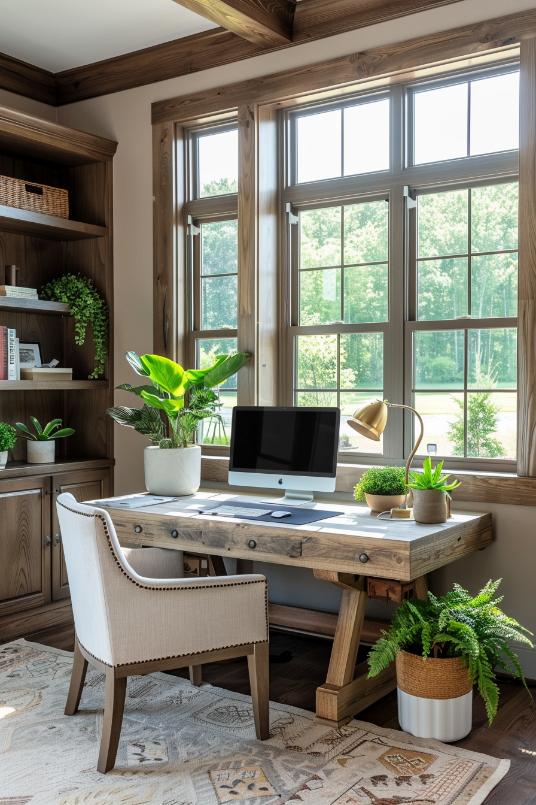 Potted plants set a touch of lively green, which is wonderfully compared with the neutral wooden tones of this home office and revives the work area.