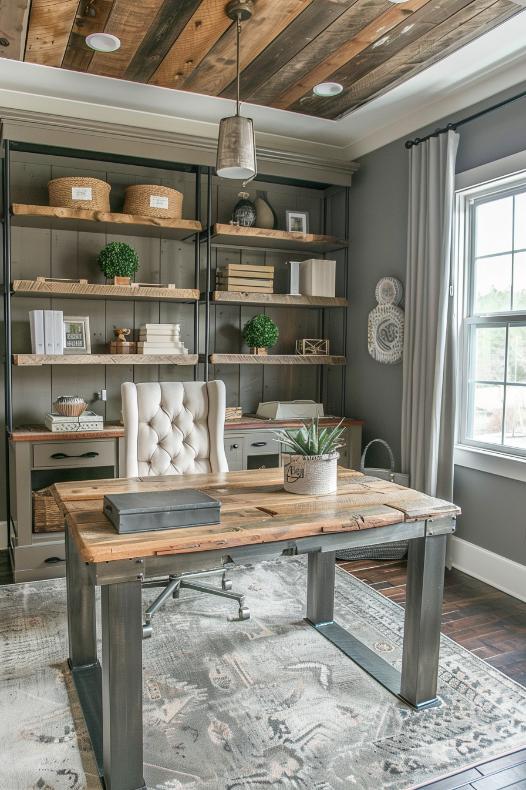 Exposed metal elements and a recovered wooden desk give an industrial note in the middle of the heart -warming, cozy attractiveness of the Interior Ministry.