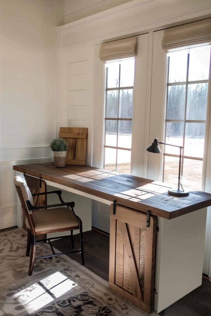 A modern chair sits on a desk inspired by the barn and marries contemporary design with a charming farmhouse.