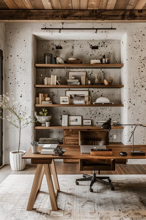 Robe textures such as specified walls combine with polished surfaces such as smooth wooden screech areas and shelves in a timeless neutral palette that produces a work area that feels grounded and yet feels refined.