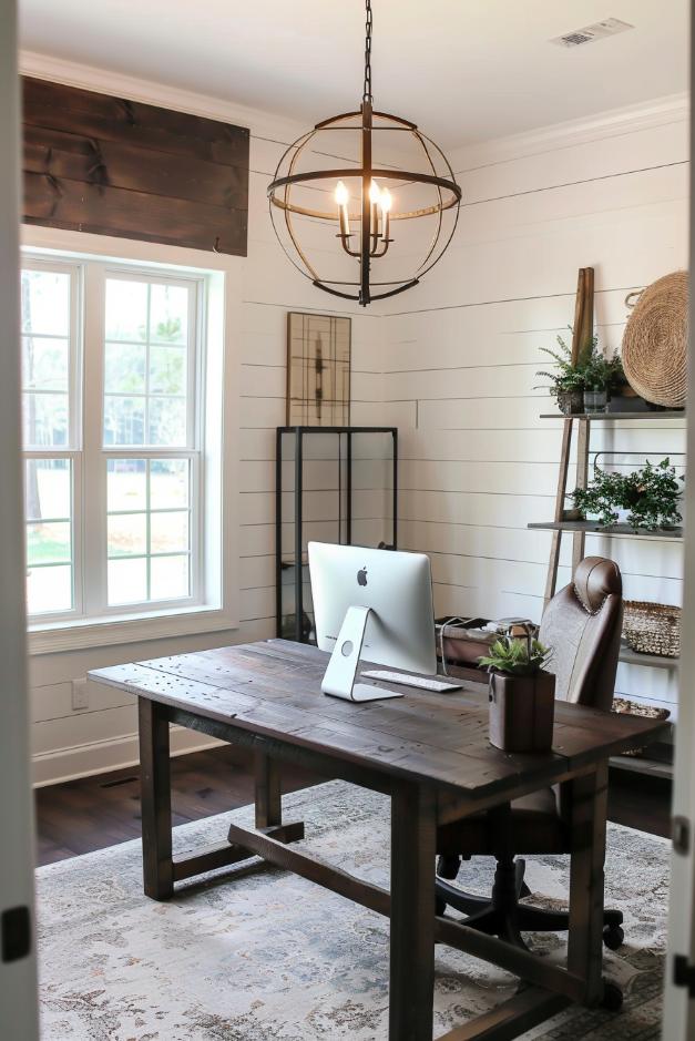 At the top, a bold chandelier made of wood and iron farmers hangs the spotlight and illuminates the cozy office with a light that is as warm as stylish.