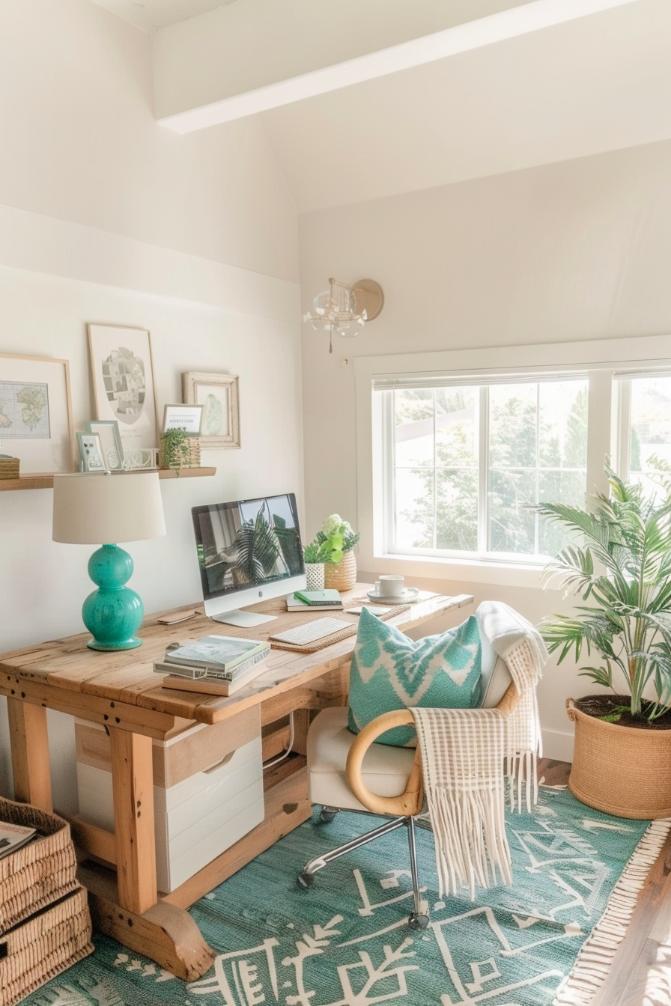 Spray a touch of color with turquoise accents such as a turquoise lampshade and turquoise pillows onto a natural palette like in this cute farmhouse to cheer the productive work space.