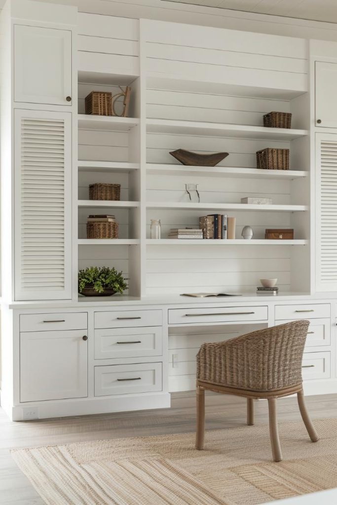 A white, modern, but warm home office dazzles with built-in shelves and cupboards with locking doors that are as elegant as the simplicity that is an advocate.