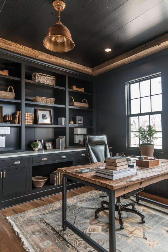 Fat black ceiling frame a neutral work area and create a dramatic contrast, which is raised through warm wood tones and natural light of antique lamps throughout the office.