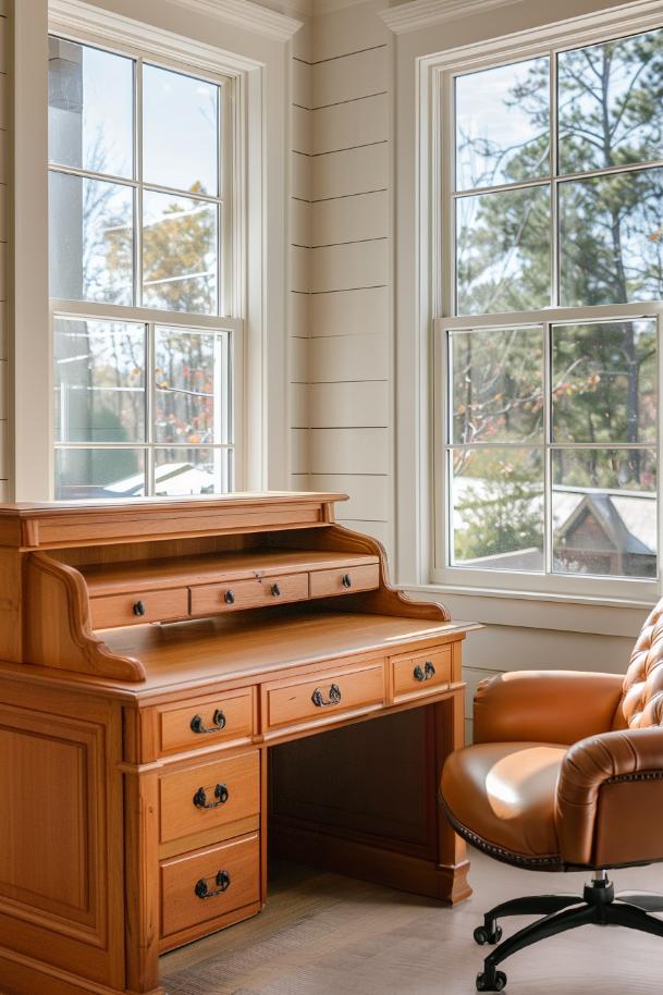 Enjoy the nostalgic feeling in a classic roll-top desk, paired with a quilted leather chair, an allusion to the timeless attraction of ideas for the office in vintage farmhouse.