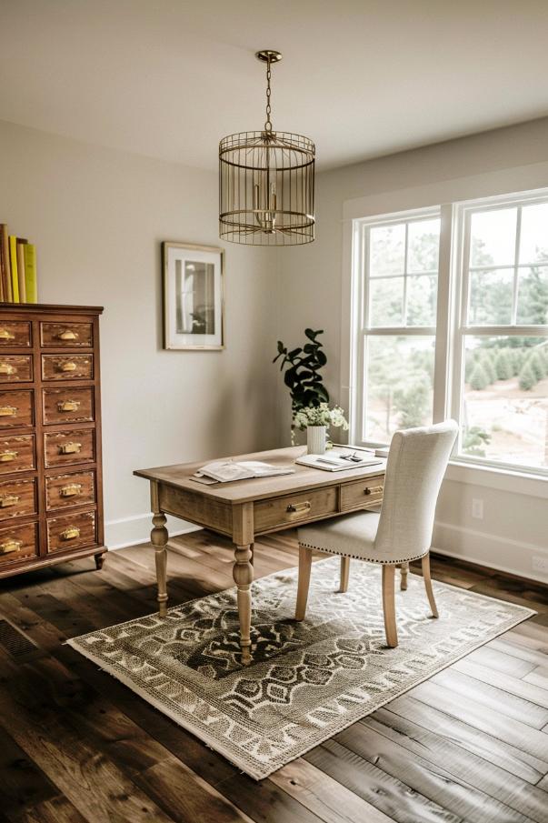 Handmade accents sprinkle personality in this home office, in which the farmhouse atmosphere revolves around the unique details such as a golden cage trailer and a unique library card catalog switch.