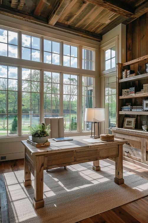 A large window draws breathtaking light outdoors into this office, natural light gourings calm shadows over the pretty recessed wood of the desk and the right shelves.