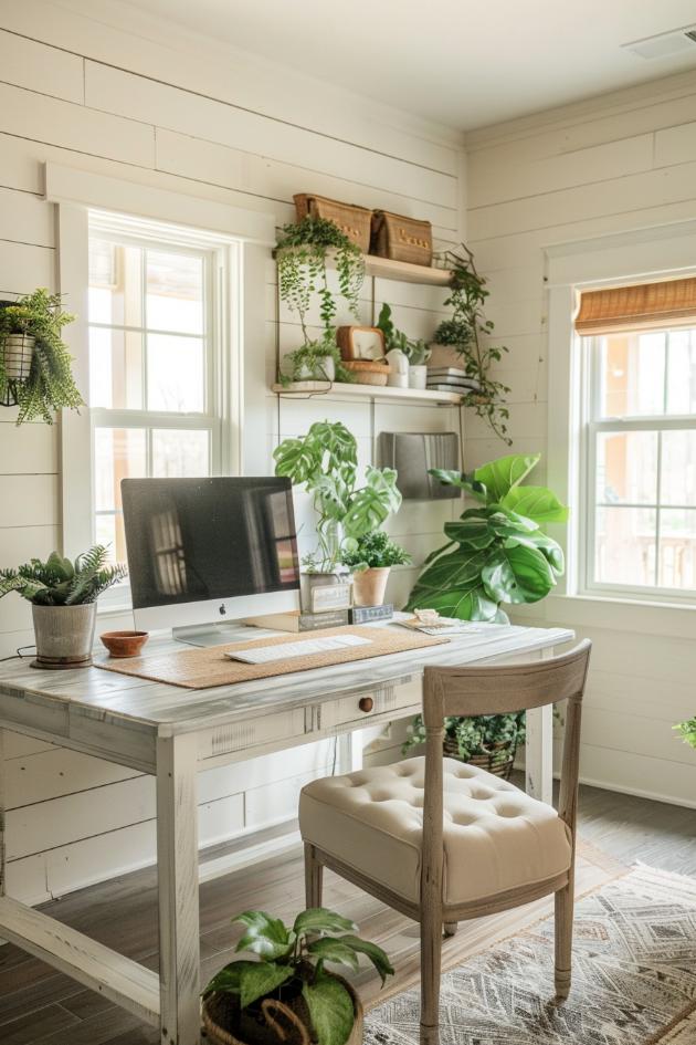 This office is a balanced ensemble of texture and color and sings with harmonious, neutral farmhouse-inspired office furniture and an urgently needed splash of quite green in pots and hanging plants.