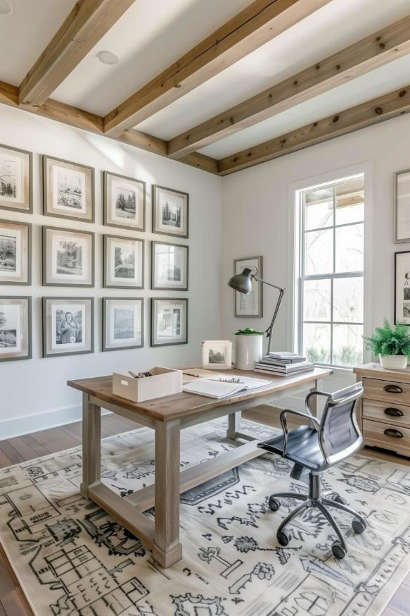 This wall shows personal photos and souvenirs in addition to an emerging wooden desk and Iron Office chair.