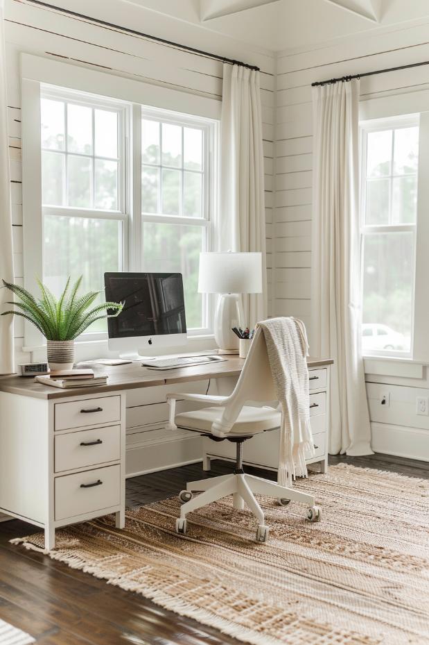 The focus is on the details in this office space, from braided carpet patterns below to wrought -iron curtain rods at the top, each adding a layer of visual heat and classic farmhouse style.