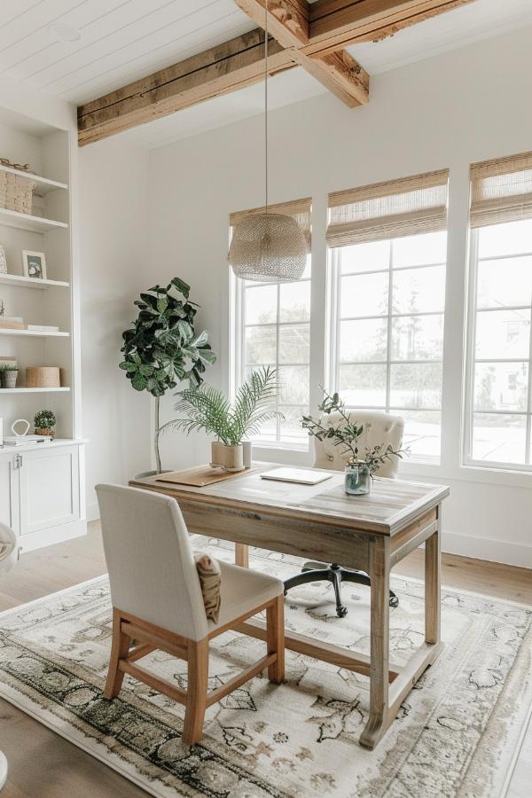 A soft, steamed color palette forms the foundation for a quiet farmhouse home office. 