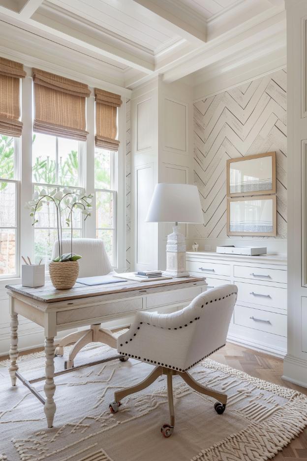 Chevron prints and pinstripes introduce the staple Farmhouse Home Office Design an optimistic, adree turn.