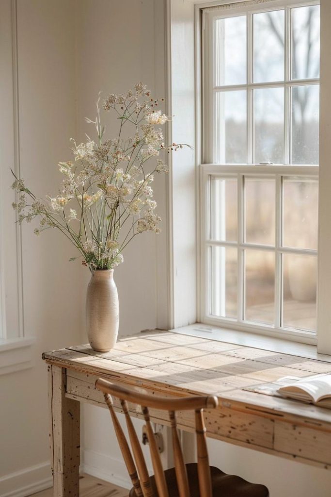 Find beauty in simplicity. In this office there is a slim, fine desk accompanied by a slim wildflower vase, the spell that is necessary to celebrate a rather minimalist aesthetics.