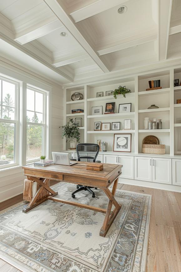 Storage and style merge, with both practicability and panache being served in this well -equipped farmhouse home office.