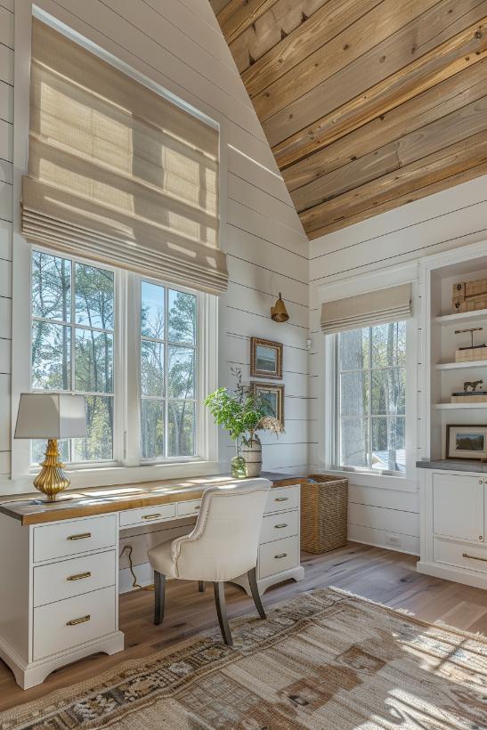 An executive desk with sufficient drawers with golden handles merges with the rustic charm of this home office functional, elegant finesse.