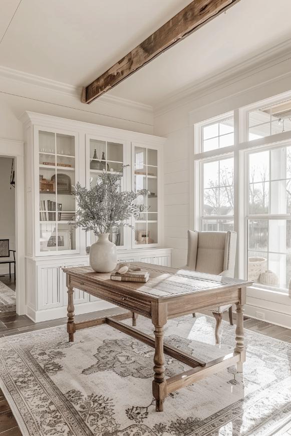 Hinted from French land decor in the entire room with the farmhouse aesthetics of the needy wood desk for a look that is both provincial and sweet.