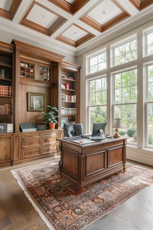 A beautiful heirloom desk is at the center of this office with generations of stories that are anchored and bring an essence of the inheritance into their daily tasks.