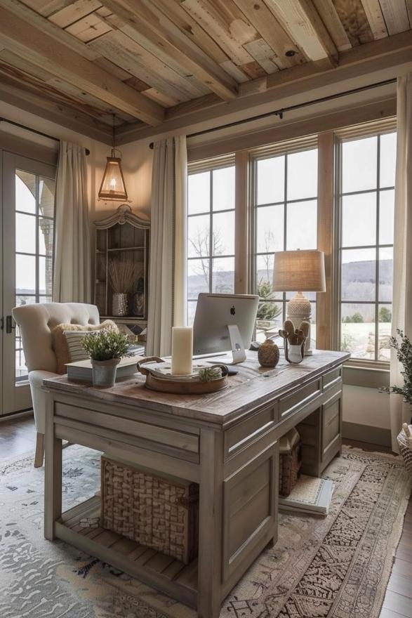 In this room, a lived desk speaks with casual decor such as lanternelamps and wooden paper holder for an elegance that is not too hard.