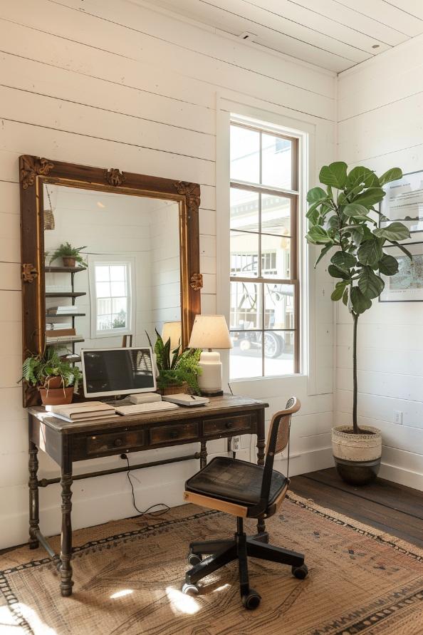 A decorative, carved wooden mirror jumps light in the room and strengthens the feeling of space in a cozy corner of this office space.