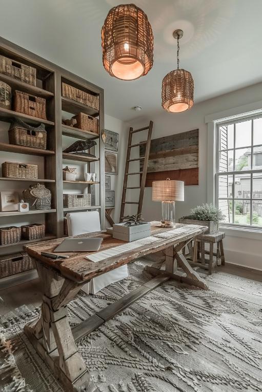 Lamps with different heights gave pools of warm light and emphasize the structured elements such as conductor memory and a needy wood desk in this work area inspired by the farmhouse.