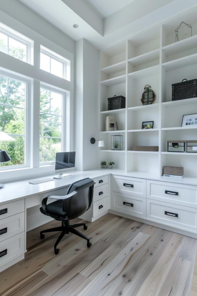 A monochromatic topic regulates this room with a white built-in desk and a shelf and with black and white accents that give a modern shoot in a farmhouse office.