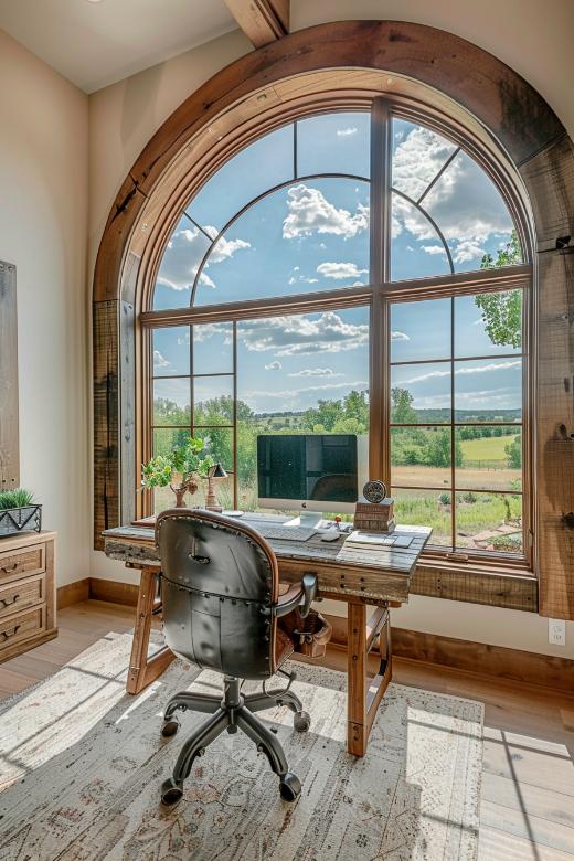 An impressive arching window wall brings a panorama experience to your working day, which merges nature outdoors into your office design in your homestead. 