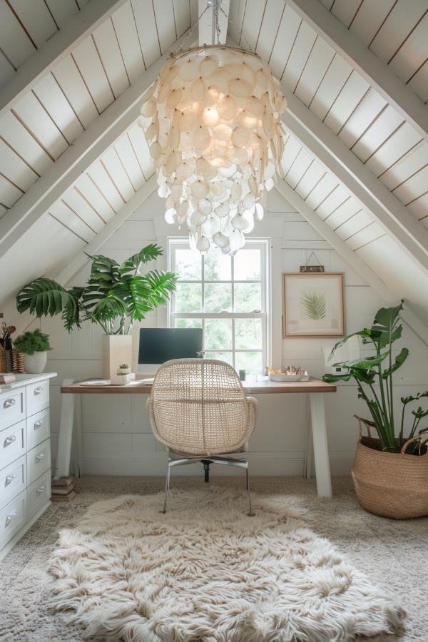 A breathtaking chandelier in Capiz Shell looks through a arched ceiling and shone a luxurious light over a tastefully arranged farmhouse.