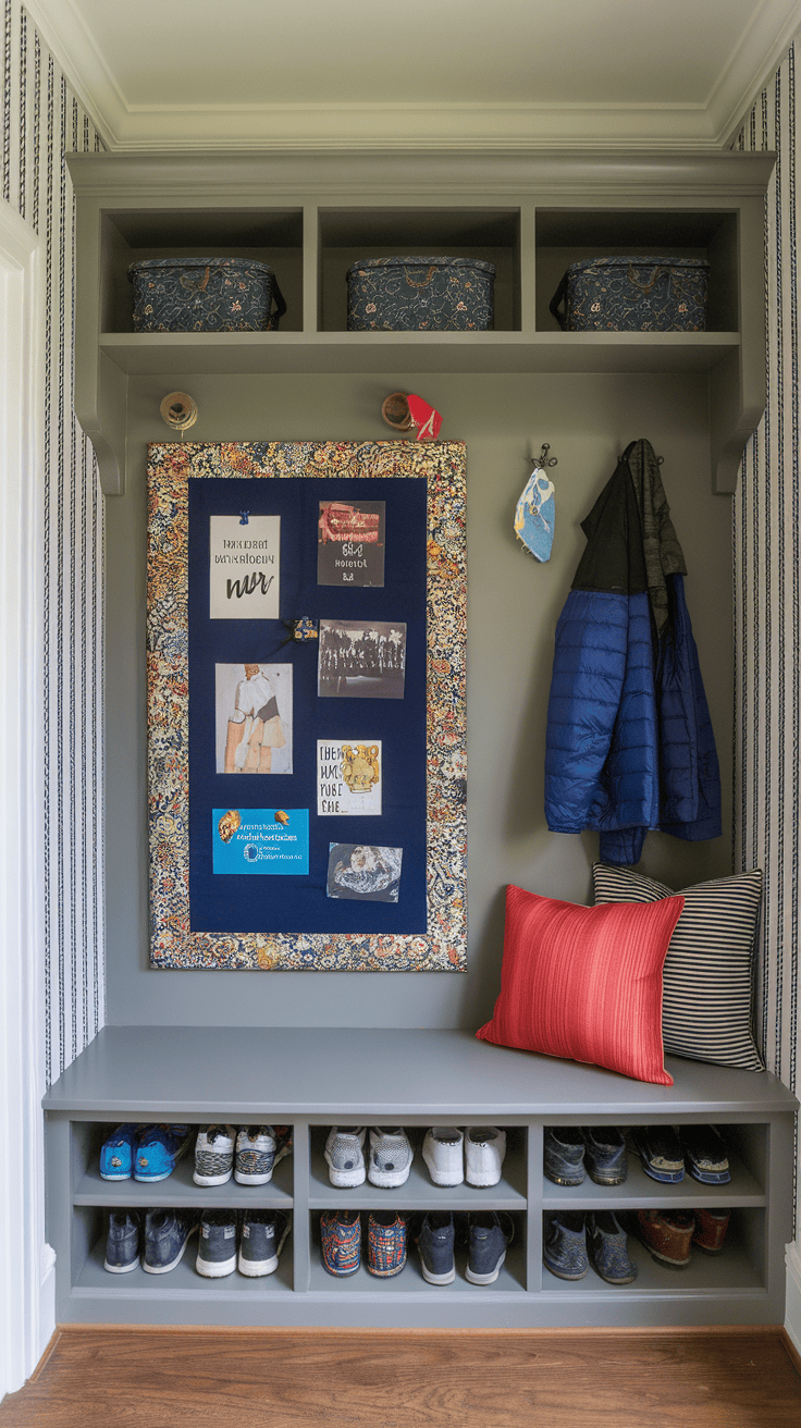 Framed fabric bulletin board with pictures and notes decorated in a mudroom environment