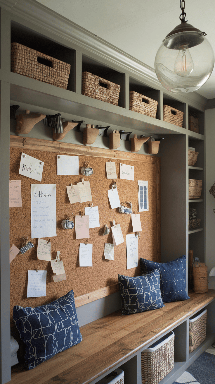 A rustic mud room with a bulletin board with cork and wood accents, surrounded by storage baskets and cozy pillows.