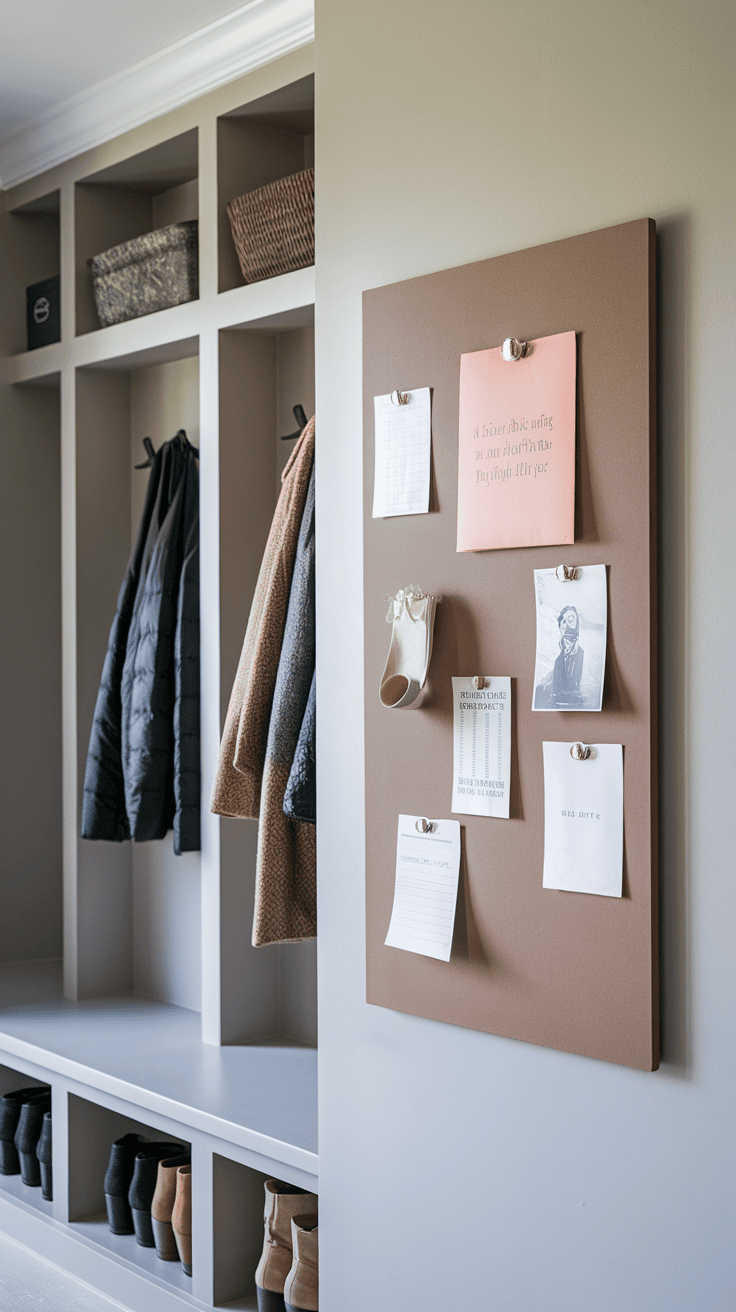 Minimalist magnetic magnetic board in a mudroom with notes and a roll of paper.