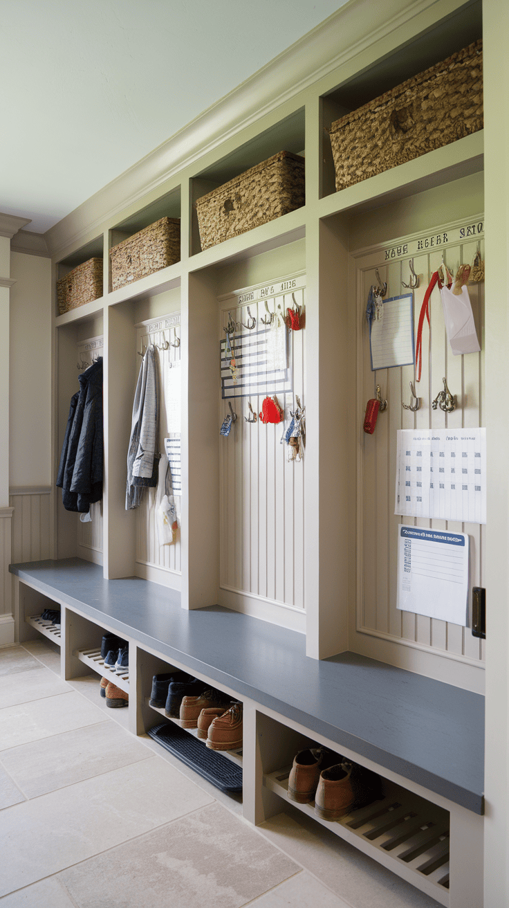 A well-organized mudroom with a multi-panel bulletin board with hooks for coats, top and a shoe storage area below.