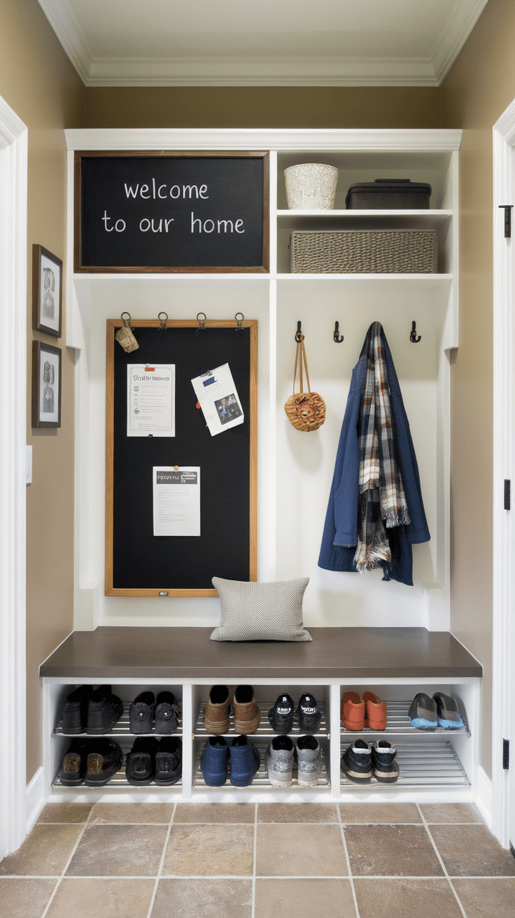 A mudroom with a board and a bulletin board with storage for shoes and clothing.