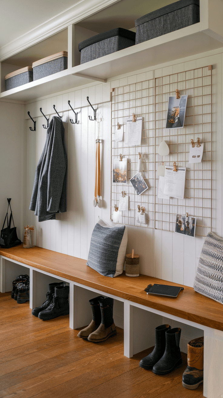 A modern mutroom with a wire bulletin board in a grid style that shows photos and notes.