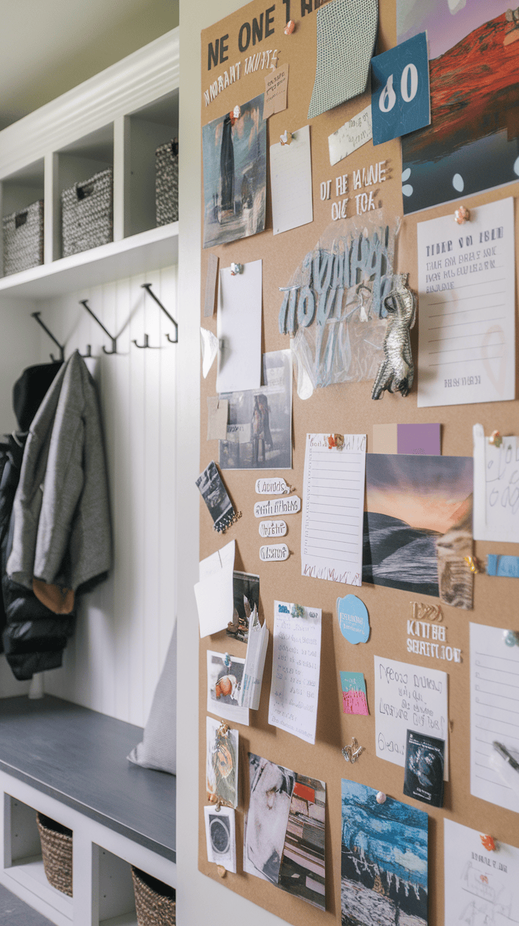 A cozy mutroom with an oversized needle board with notes, photos and colorful decorations as well as seating area and shoe storage.