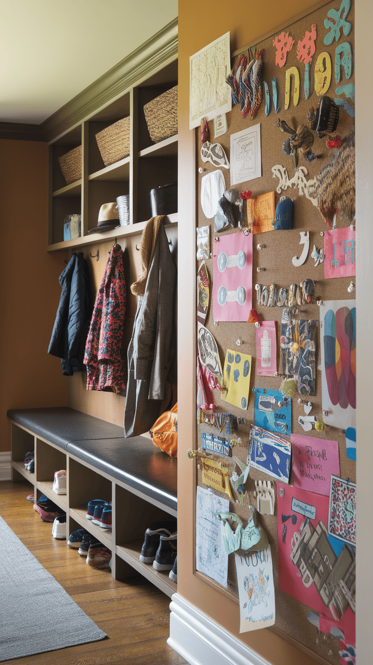 A colorful bulletin board with art and notes in a mudroom environment.